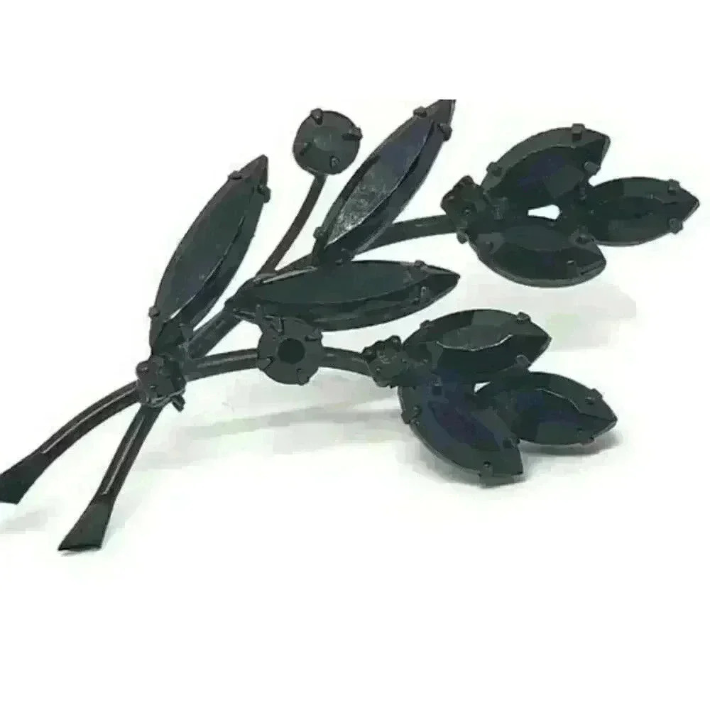 Vintage Brooch Jett Black Rhinestones Japanned Finish Leaf Mourning - Picture 2 of 6